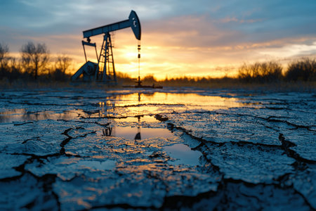 A lone oil derrick casts a dark outline against a fiery sky, amidst a fractured earth with...