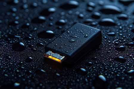 A rugged, moisture-resistant external storage device rests on a wet surface, highlighting its...