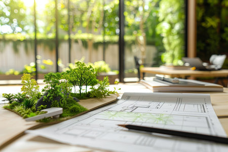 Green architectural plans and landscape design on desk - sustainable environmental concept