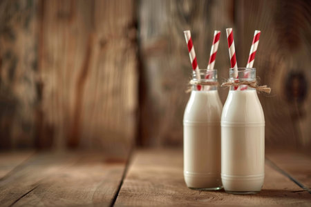 Fresh milk glass bottles with straws on rustic wooden table, organic dairy products conceptの写真素材