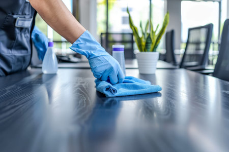Cleaning staff disinfecting and maintaining cleanliness in organizations office room