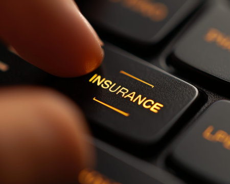 Close-up finger typing insurance on black and gold keyboard - high resolution photo