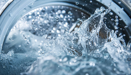 Closeup of water splashes in washing machine drum, high quality image on white backgroundの写真素材