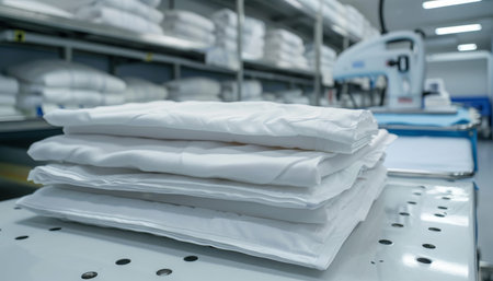 Professional industrial stack laundry. clean sheets, surgical clothes, and ironing equipment