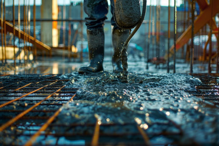 Construction worker operating concrete pump at construction site, controlling pour process