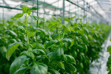 Healthy basil plants flourishing in greenhouse - fresh lush leaves for harvestingの写真素材