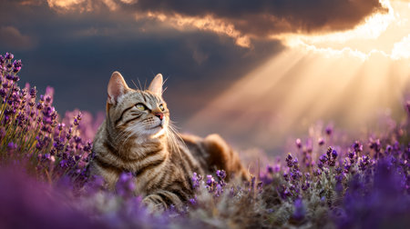 A tranquil feline rest amidst vibrant purple blooms as the sun dips below the horizon, evoking serenity and natural beauty.の写真素材