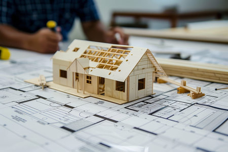Construction worker building house on blueprints - residential construction project