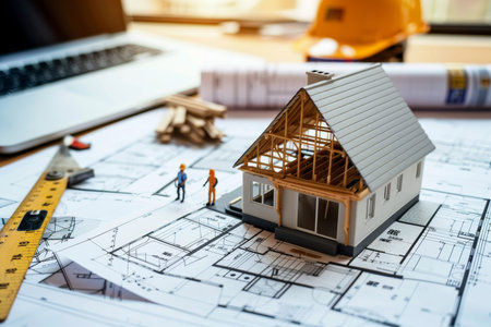 Construction worker building house from blueprints on construction site, real estate project