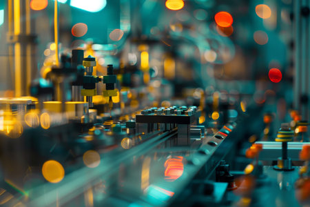 Abstract blurred bokeh factory background with robotic assembly line - industrial concept