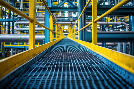 Steel mesh pathway bordered by vibrant yellow handrails guides through a manufacturing plant, evoking industrial efficiency and safety in an industryの写真素材