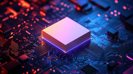 A detailed view of a sleek computer chip amidst a maze of vibrant illuminated circuitry, exuding a...