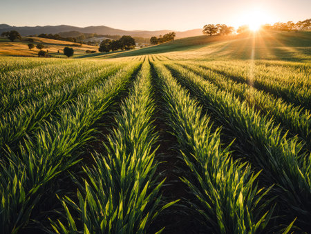 Gentle morning light bathes vibrant fields, gradually illuminating rolling hills in the distance,...