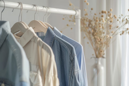 High-quality image of clean clothes on hangers displayed on an indoor rack after dry-cleaning