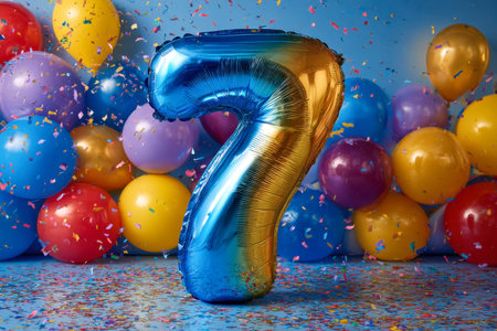 Brightly colored balloons and shimmering confetti set a joyful scene, capturing the excitement and...