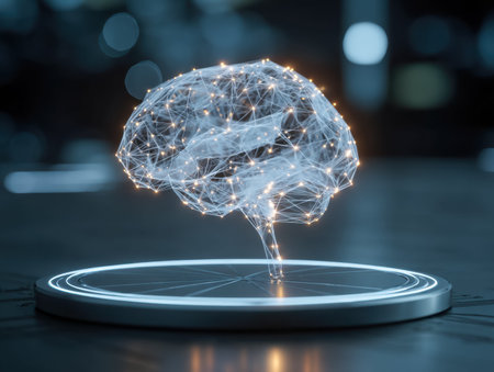 A glowing, intricate web of interconnected nodes and circuits forms an advanced neural structure,...