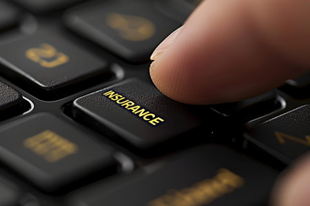 Close-up of finger typing insurance on black and gold keyboard in high resolution
