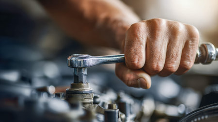 A' technician's hand steadily tightens a bolt on industrial machinery, capturing a moment of precision and hands-on craftsmanship in a busy workshopの写真素材