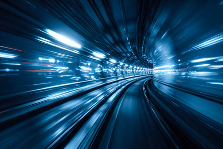 A sleek, illuminated corridor racing into the future, with vibrant light trails blurring past to...