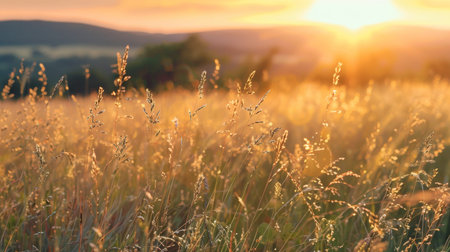 Panoramic countryside landscape with blooming wild grass at sunset. Peaceful pastoral scenery