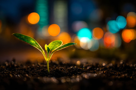 A delicate seedling emerges amid city streets, set against glowing, colorful light patterns that...