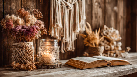 A charming nook with textured wooden accents, delicate dried blooms, and the gentle glow of candles,...