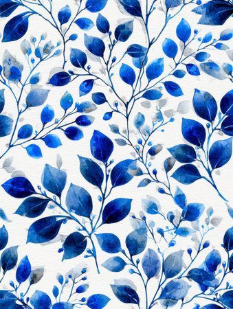 A sophisticated watercolor design featuring lush leafy stems and delicate berries in shades of blue,...