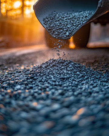 Warm golden hues highlight coal pellets as they cascade onto earth.