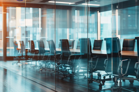Spacious conference room with numerous chairs around table behind glass partitionの写真素材