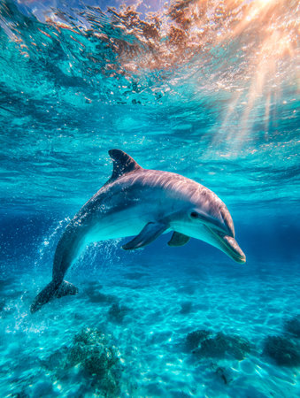 A serene display of nature, highlighting the dolphin's elegance as it glides through turquoise...