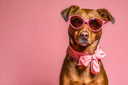 A cheerful pup with a vibrant pink bandana and matching sunglasses, striking a lively pose against a...
