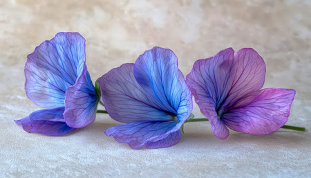 Soft-hued sweet pea blossoms in shades of blue and violet lie gently on a plain, understated...