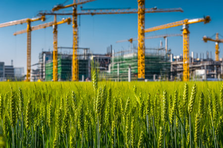 Lush green stalks sway gently in the foreground as emerging structures loom behind, blending rural...