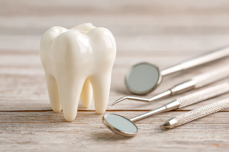 A detailed tooth replica alongside various dental instruments arranged on a rustic wooden...
