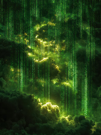Dynamic cascade of glowing data streams against a turbulent sky, embodying the raw energy and...