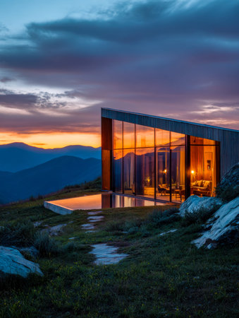 A sleek, transparent home seamlessly blending into rugged mountain scenery, with warm sunset hues...
