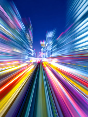 A lively urban scene illuminated by countless neon lights, with streaks of light conveying swift...
