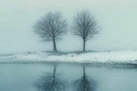Serene winter scene with stark trees mirrored on still, frosty waters, enveloped in gentle fog for a...