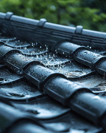 Rain-soaked roof tiles glisten under a cloudy sky, droplets bursting as water cascades, creating a...