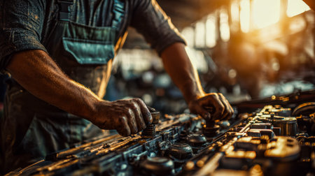 A focused technician tunes a vehicle's internal components as warm, golden light filters through the...