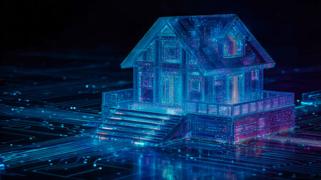 A vibrant, glowing 3d representation of a contemporary residence floats amid a sleek, high-tech setting, illustrating future living concepts and smart home integration.の写真素材