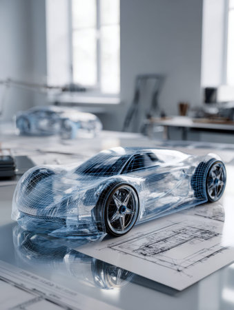 A sleek, innovative vehicle blueprint unfolds across detailed plans in a contemporary studio,...