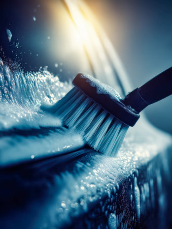 A careful hand uses a plush brush to polish a vehicle's exterior amid a luminous and spotless...