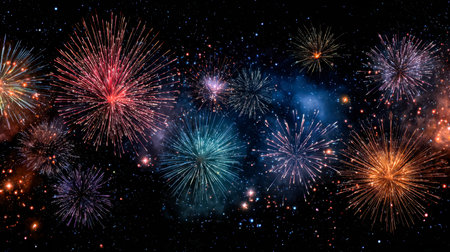 Vibrant bursts of light light up the dark canvas, creating a festive atmosphere filled with wonder...