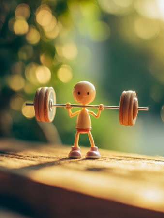 A tiny sculpture demonstrates strength, gripping a miniature barbell amid a lush, sunlit landscape, symbolizing resilience and determination outdoors.の写真素材