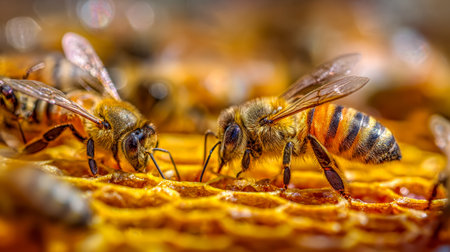 Vibrant honeybees diligently tend to their intricate comb, showcasing tiny wings and striped bodies...