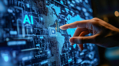A human hand delicately engages with a luminous, high-tech display featuring intelligent algorithms...