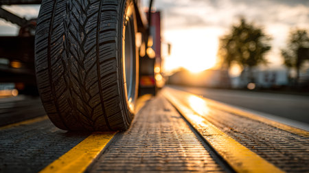 A detailed shot reveals a rugged tire resting on a loading platform, bathed in warm sunset hues,...