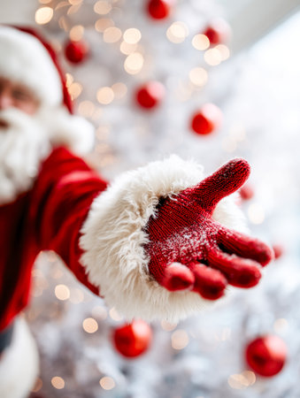 A cozy winter scene captures a snow-covered mitten reaching out, embodying warmth and joy amid...