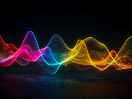Dynamic swirls of vivid hues blend seamlessly across a shadowed backdrop, evoking energy, movement,...